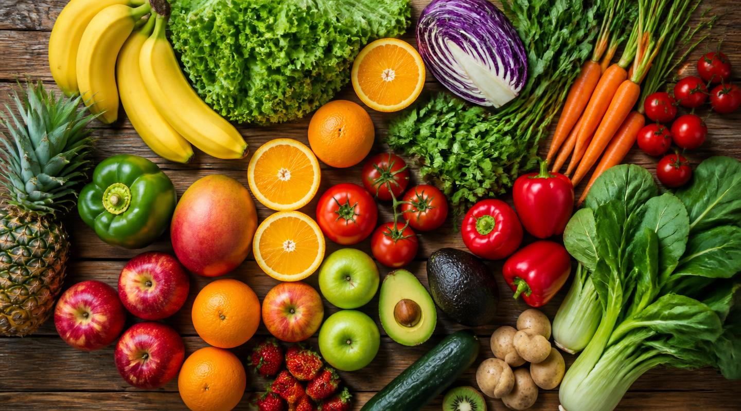 Frutas, verduras e legumes frescos sobre uma mesa rústica